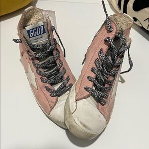 Pink and White Golden Goose High-Top Sneakers